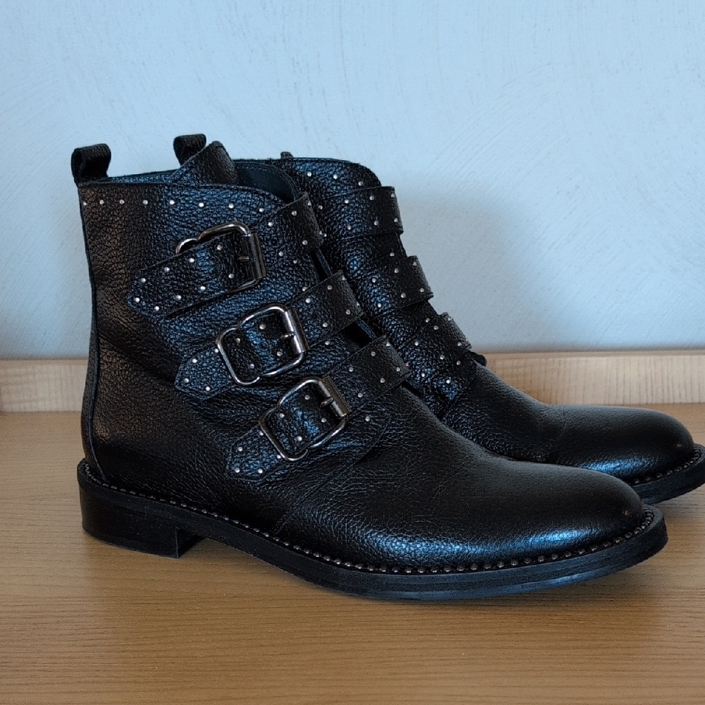 Black Studded Leather Ankle Boots with Buckles